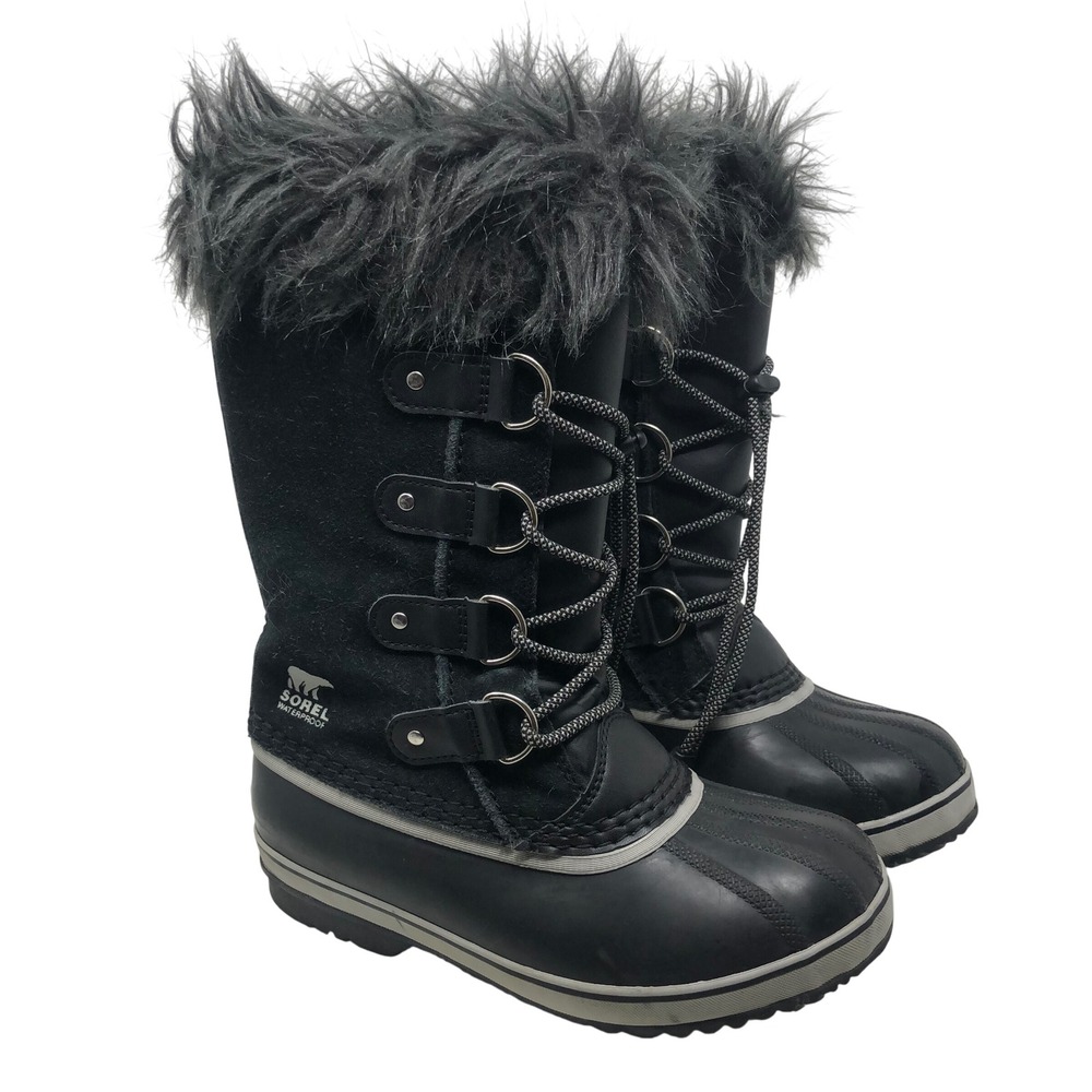 Sorel Joan of Arctic Boots Kids 4 Black Grey Waterproof Faux Fur Winter